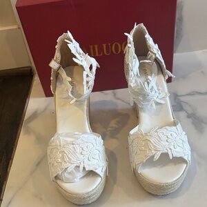 White Floral Espadrille Wedges
